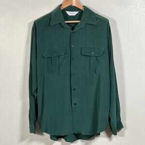 Vintage Emerald Green 100% Pure Silk Button Up Shirt | Genelli | Size Large